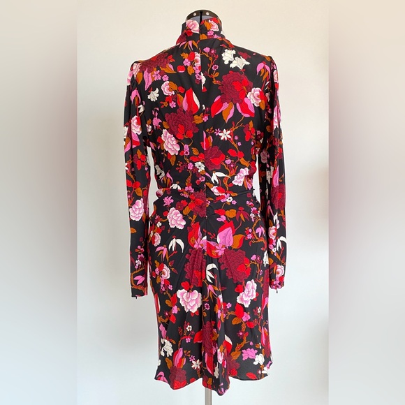 NEW A.L.C. Black Red Floral Print Marcel Mock Neck Ruched Stretch Silk Dress - Picture 6 of 10